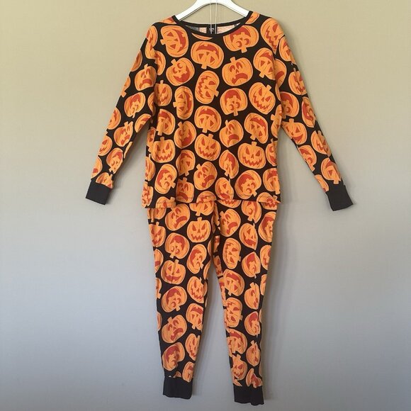 Women XXL Halloween Pajamas Set Pumpkin Jack-o-lantern PJs Fitted Fun Fall - Picture 1 of 6